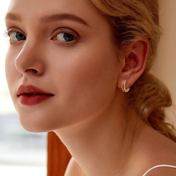 14K Yellow Gold with Red Garnet Cubic Zirconia Princess Cut Huggie Earrings - Picture 5 of 5